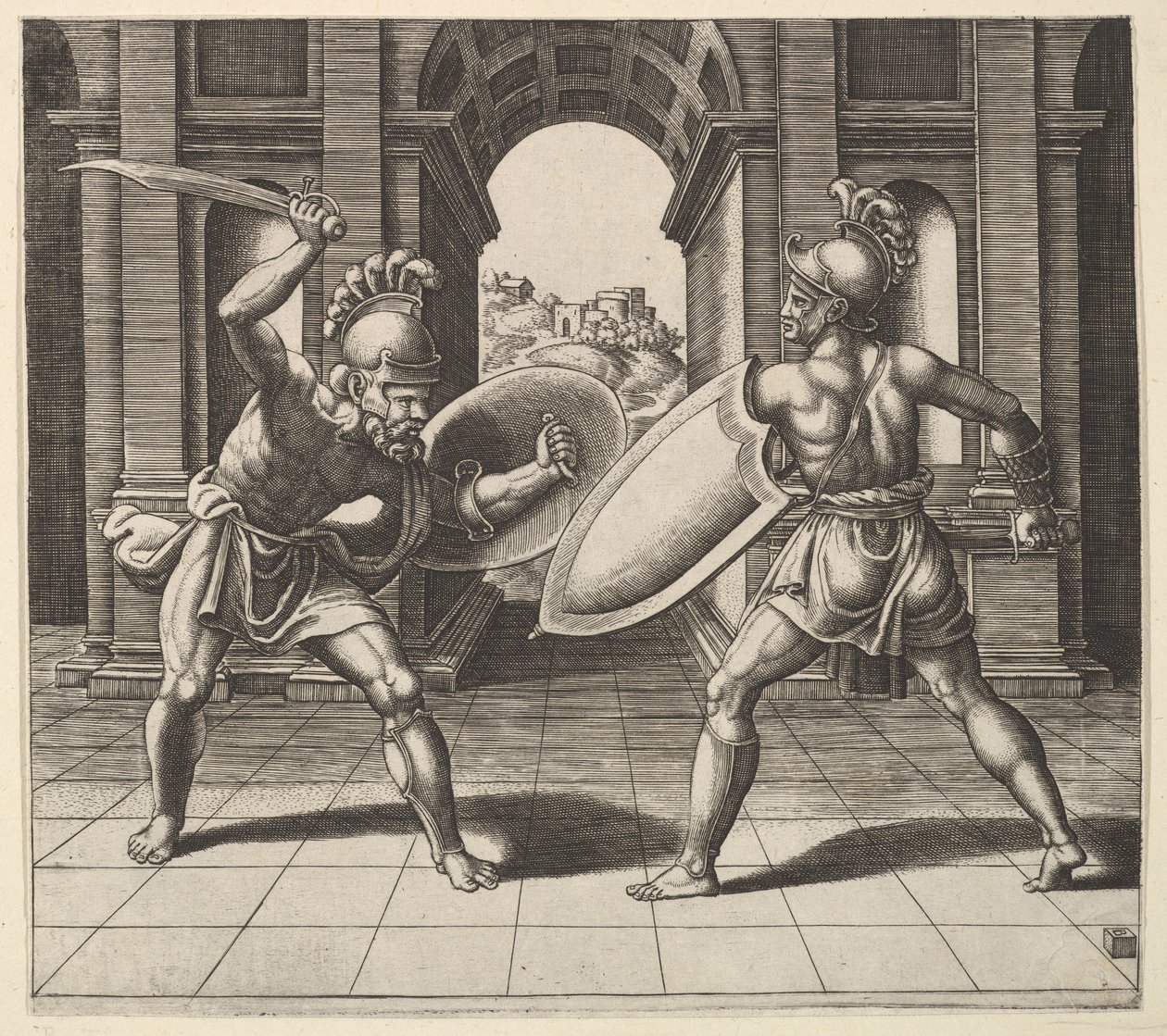 To gladiatorer kæmper foran en bue, 1530-60. af Master of the Die