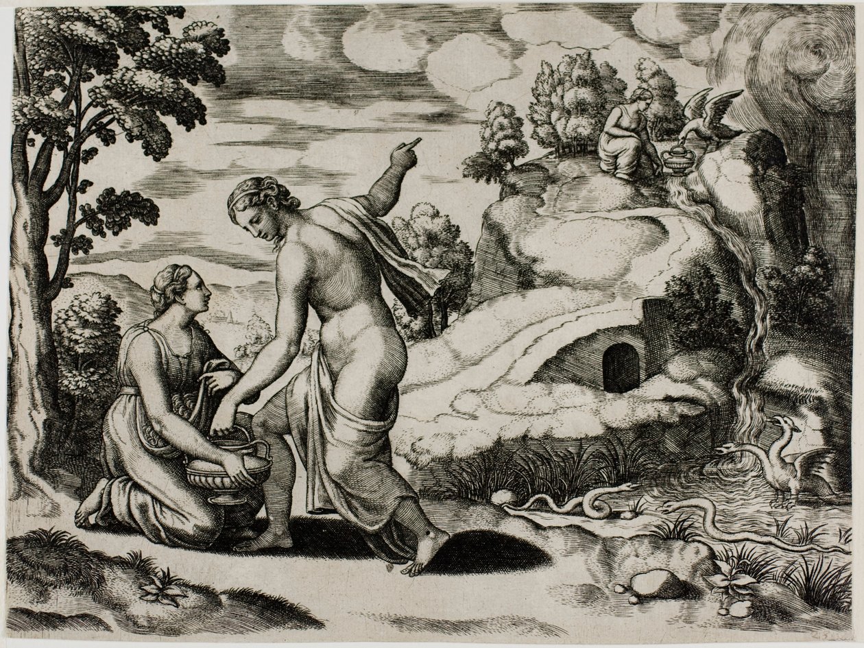 Venus beordrer Psyche til at søge vand fra et springvand bevogtet af drager af Master of the Die