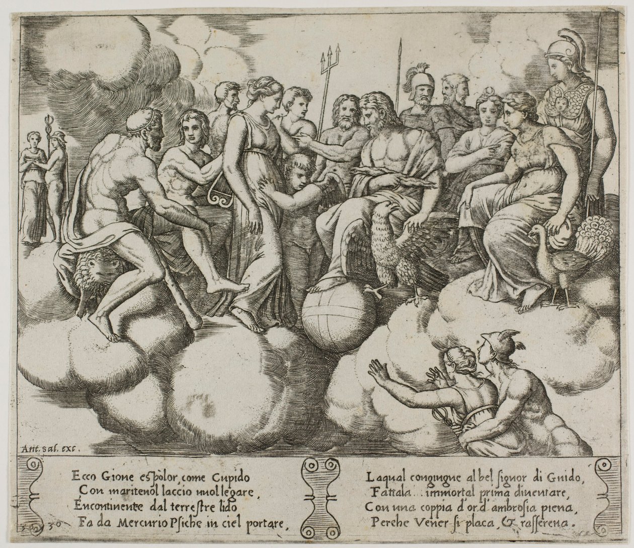 Venus og Amor taler om deres sag i nærvær af Jupiter og andre guder af Master of the Die