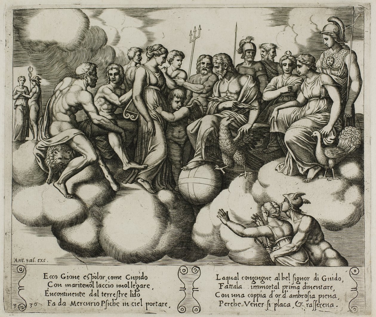 Venus og Amor taler om deres sag i nærvær af Jupiter og andre guder af Master of the Die