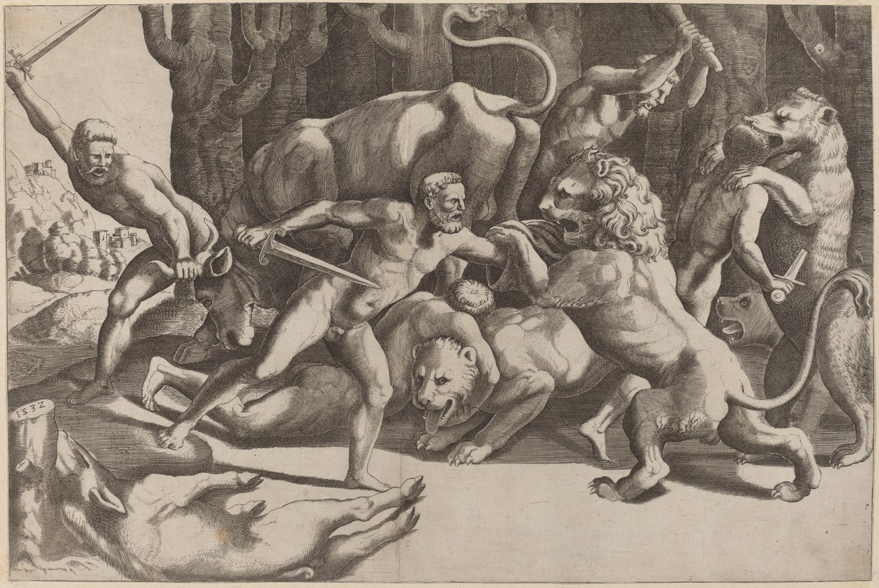 Fem mænd, der kæmper mod udyr af Master of the Die after Giulio Romano