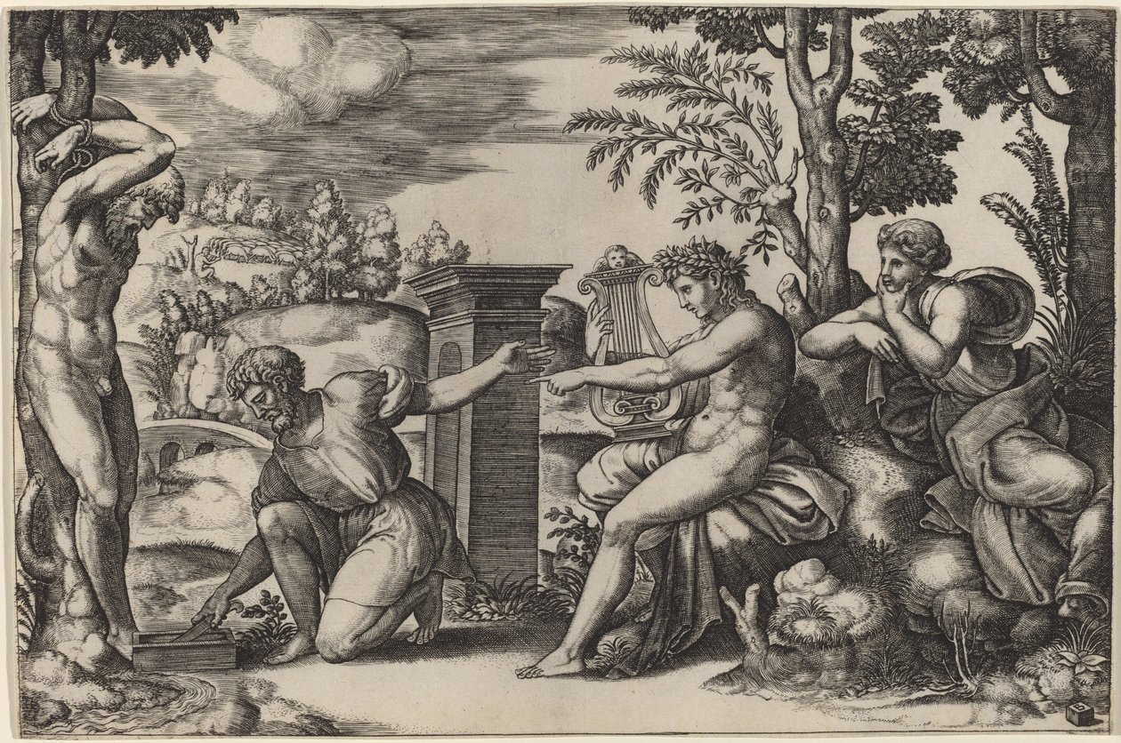 Apollo og Marsyas af Master of the Die after Raphael