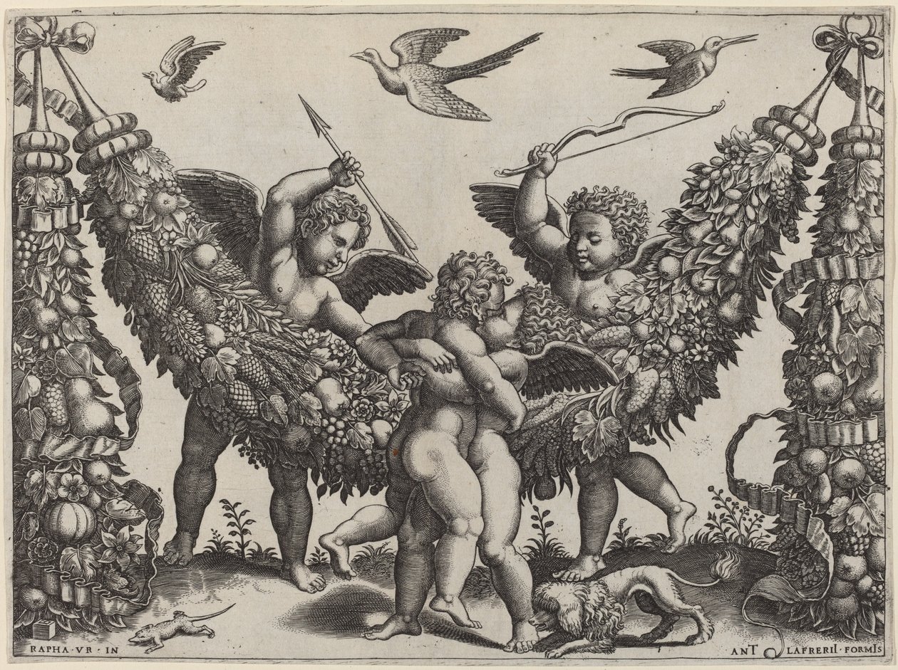 To Putti...slår en anden, der klemmer et barn af Master of the Die after Raphael