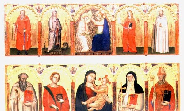 Jomfruens kroning med hellige (tempera på panel) af Master of the Dominican Effigies