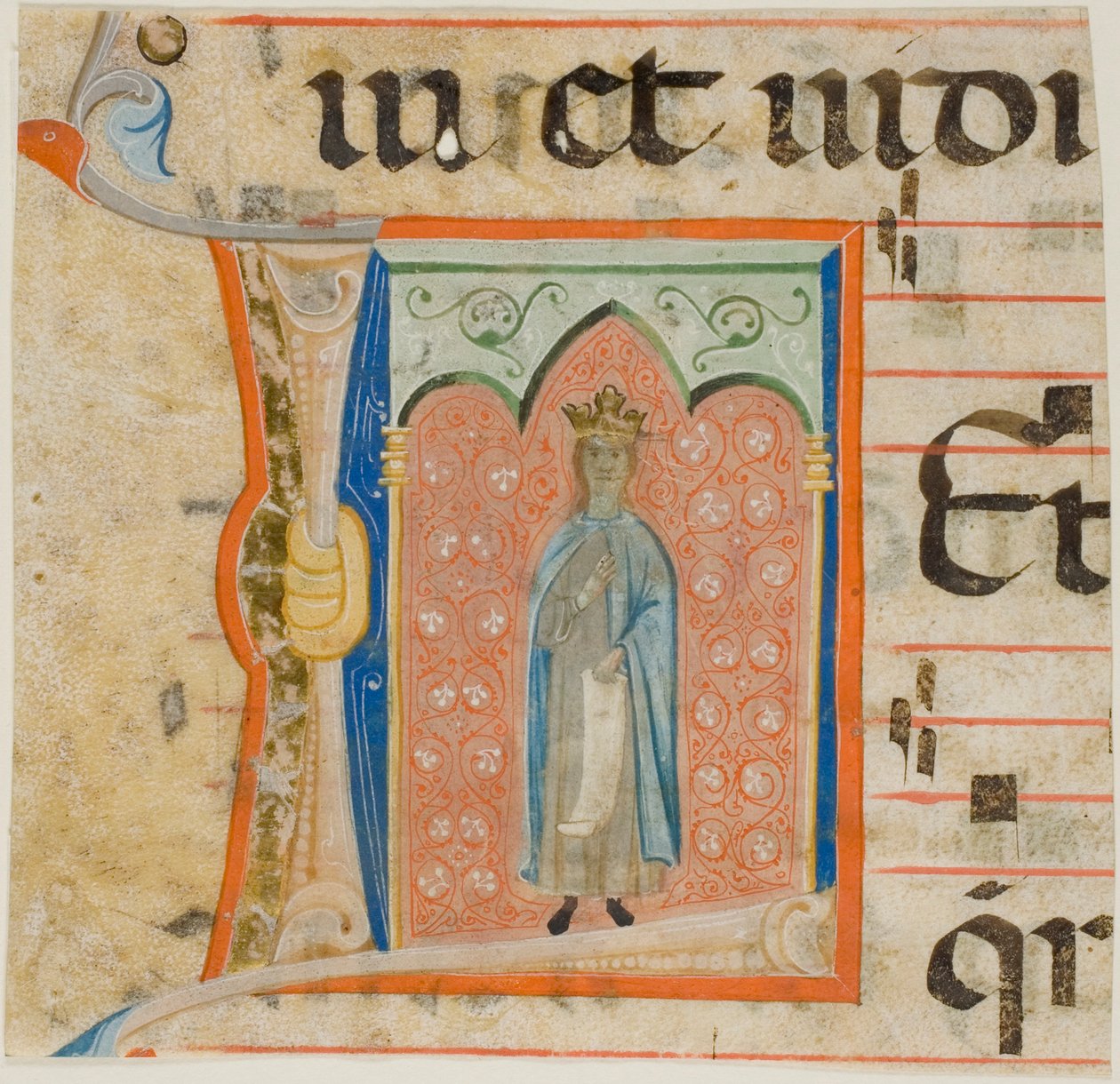 Kvindelig helgen i et historiseret initialt "L" fra en koralbog af Master of the Dominican Effigies
