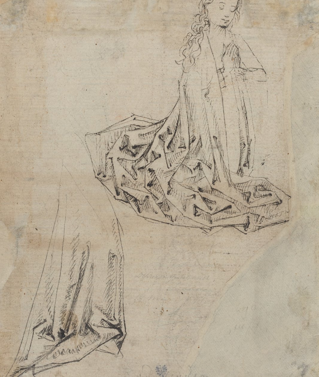 Kvindelig figur knæler i bøn [verso] af Master of the Drapery Studies