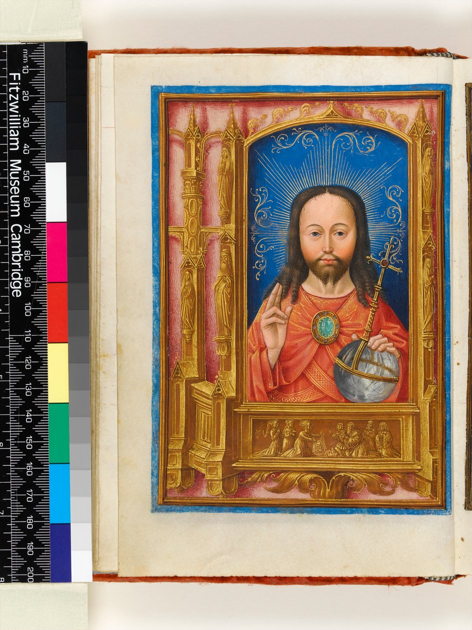 Oplyst manuskript. Timebog, folio 13 verso: Salve sancta facies, Kristus som Salvator mundi, der holder kugle og velsignelse, arkitektonisk grænse med helgener i nicher og St. Veronica med Vernicle, 1510 af Master of the Dresden Prayer Book