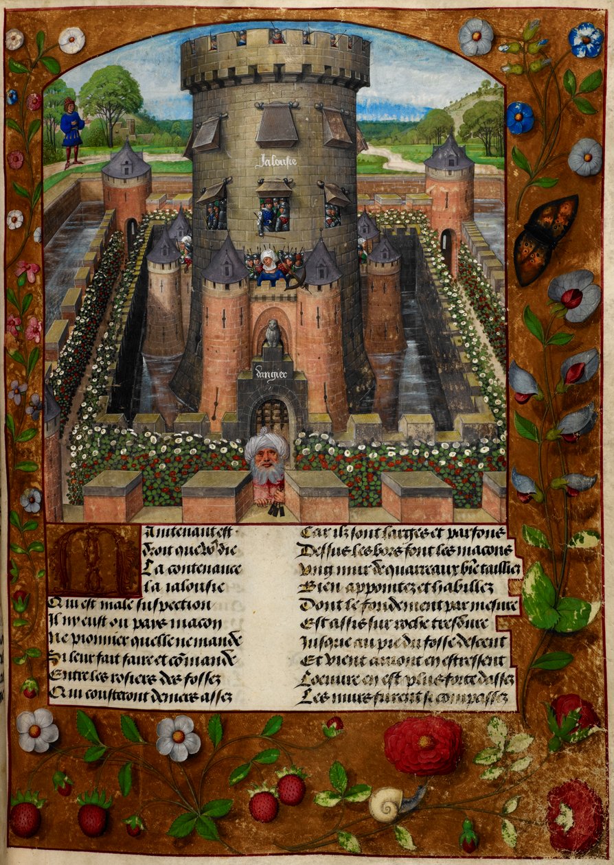 Bel Acueil (Fair Welcome), jonka Jalousie (Kateus) vangitsi sotilaiden vartioimassa tornissa, Le Roman de la Rosesta af Master of the Dresden Prayer Books