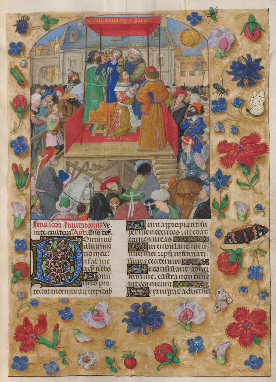 David kronede Israels konge. Psalteren. Saul salver David og kroningen af David til Israels konge. Salme 26, begyndende med dekoreret initial 