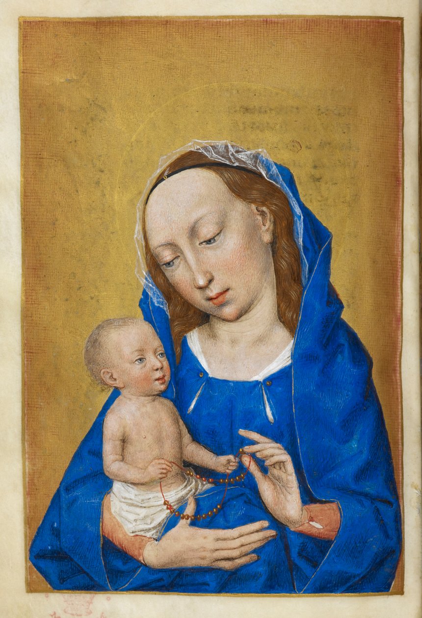 Jomfruens timer i advent. Jomfruen og barnet leger med en perlehalskæde. af Master of the Dresden Prayer Books