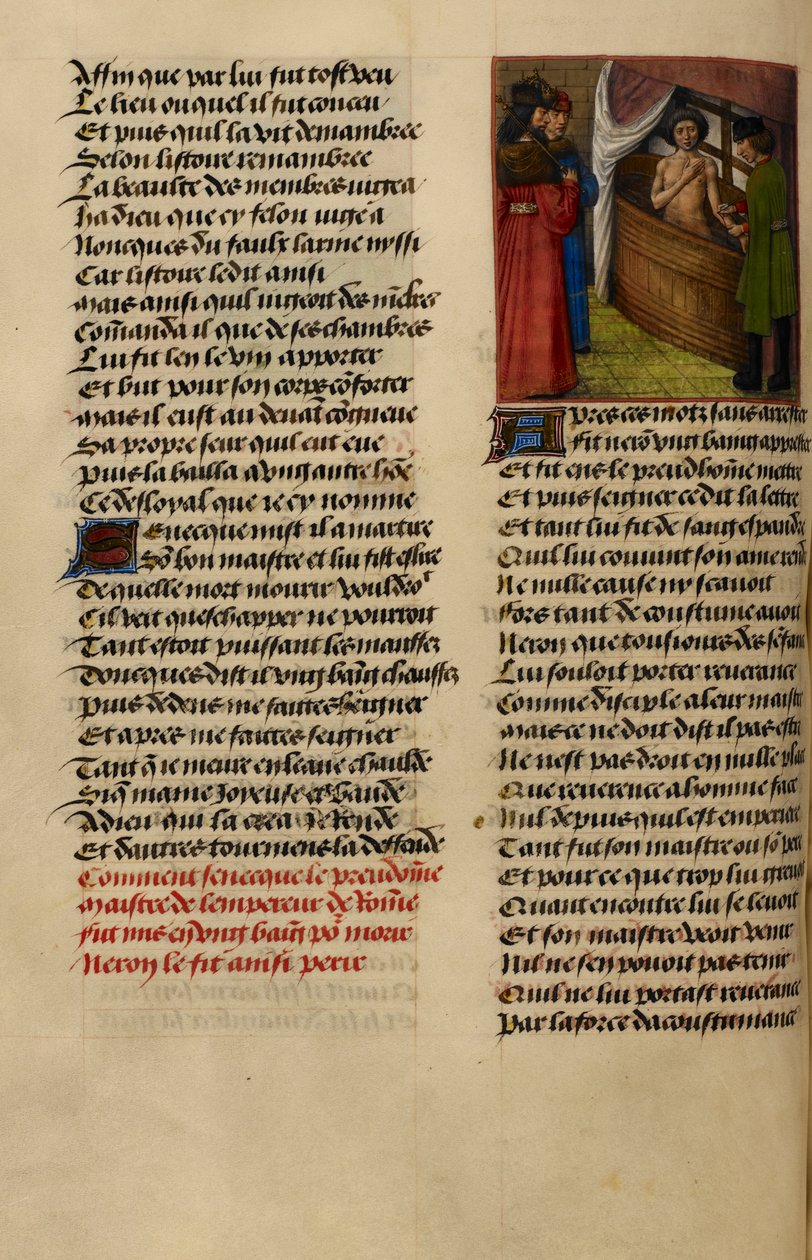 Miniature viser Nero, der ser Senecas håndled blive skåret i hans bad fra 