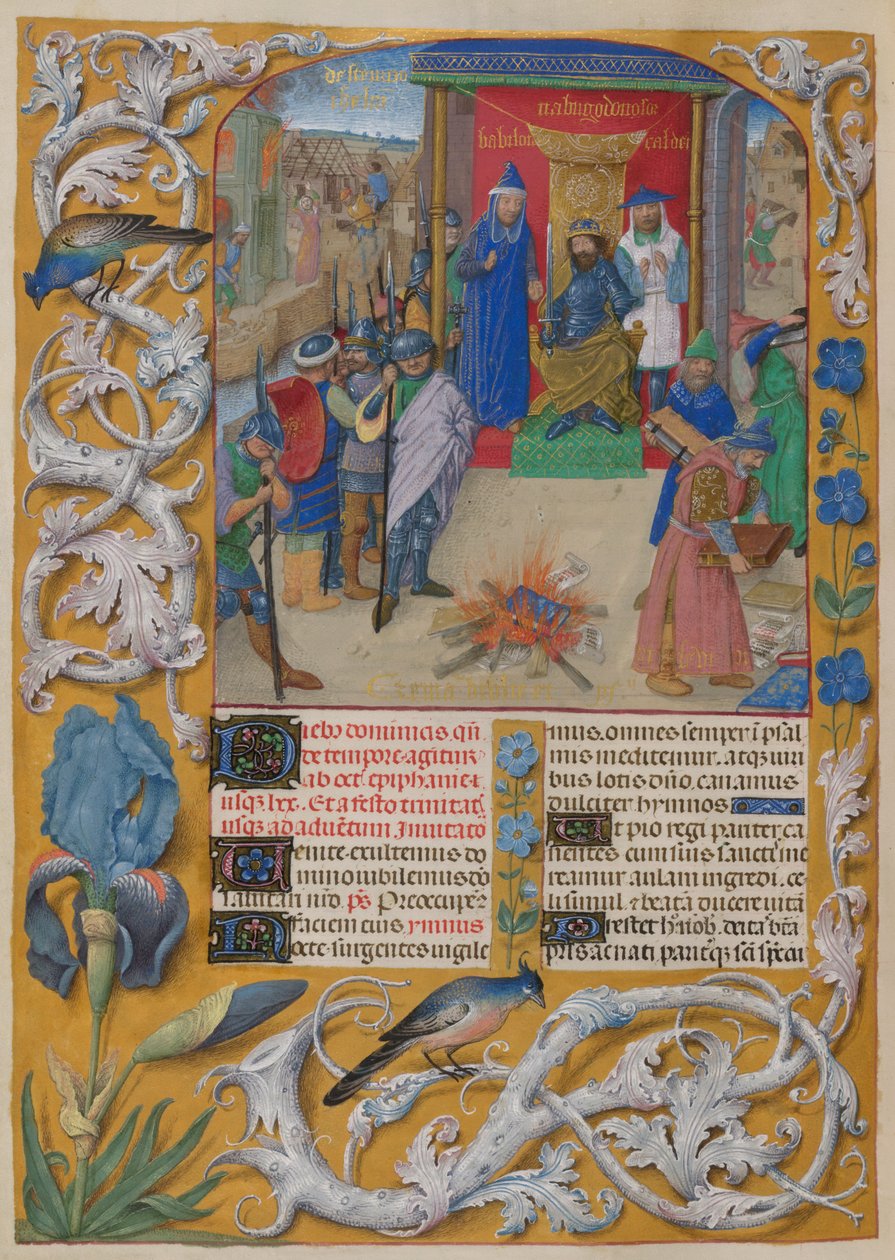 Nebukadnezar brænder bøgerne. Psalter. Nebukadnezar præsiderer over afbrændingen af bøger ved ødelæggelsen af Jerusalem. Salme 1. Kant af trompe l