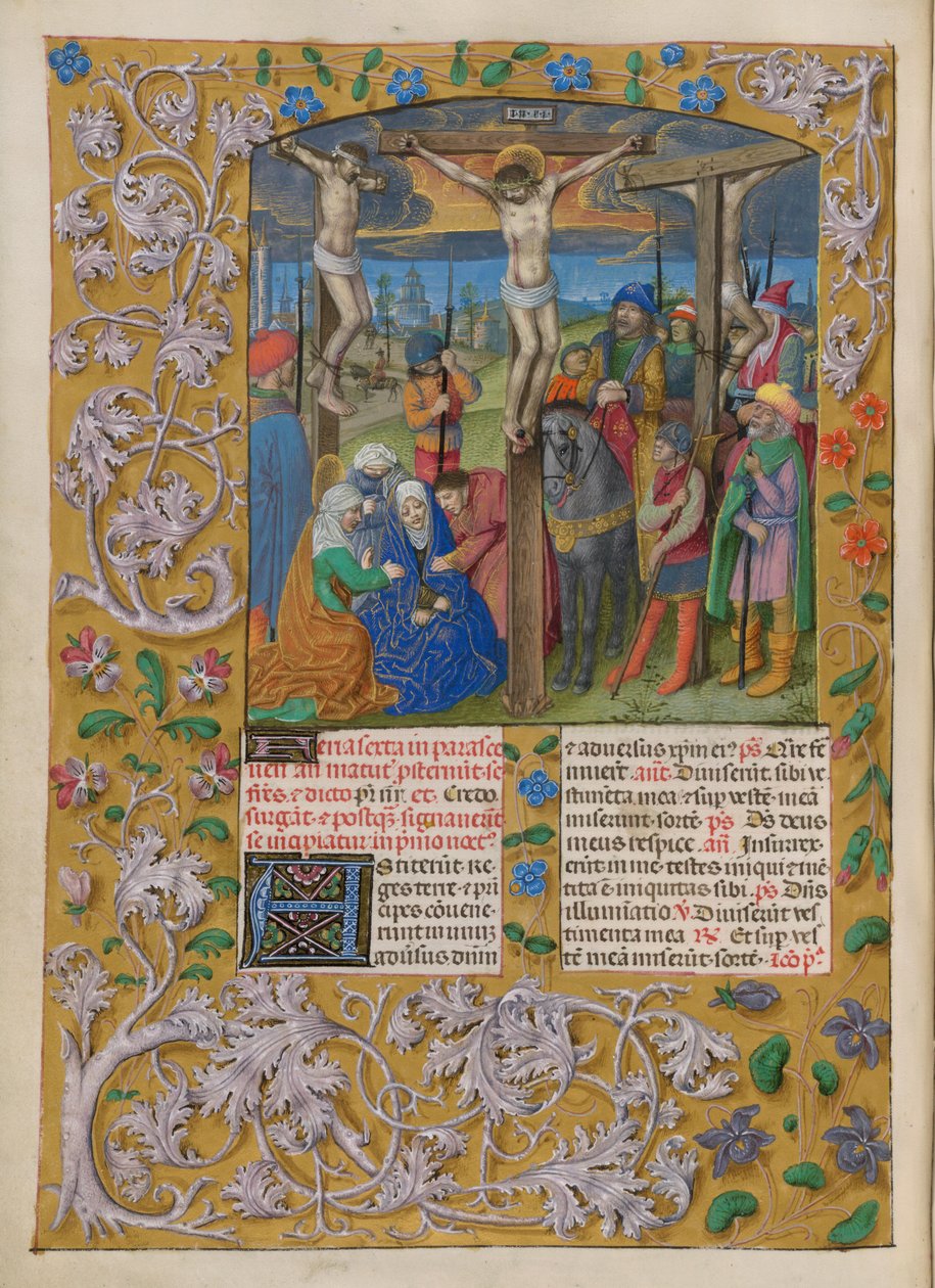 Temporale (1. portion: fra første søndag i advent til hellig lørdag). Korsfæstelsen (langfredag). Border med blomsterdekoration. To kolonner med tekst med to initialer. af Master of the Dresden Prayer Books