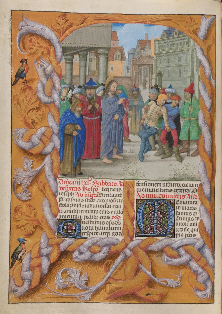 Temporale (1. portion: fra første søndag i advent til hellig lørdag). Kristus uddriver en stum djævel (tredje søndag i fasten). Kant og to kolonner med tekst, med initialer. af Master of the Dresden Prayer Books