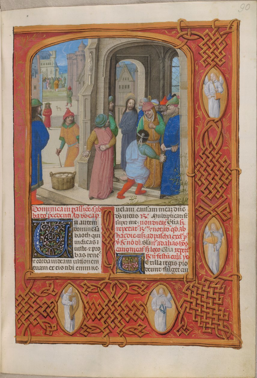 Temporale (1. portion: fra første søndag i advent til hellig lørdag). Jøderne truer med at stene Kristus for blasfemi i Salomons tempel (passionssøndag). Kant indeholdende engle. To kolonner med tekst. af Master of the Dresden Prayer Books
