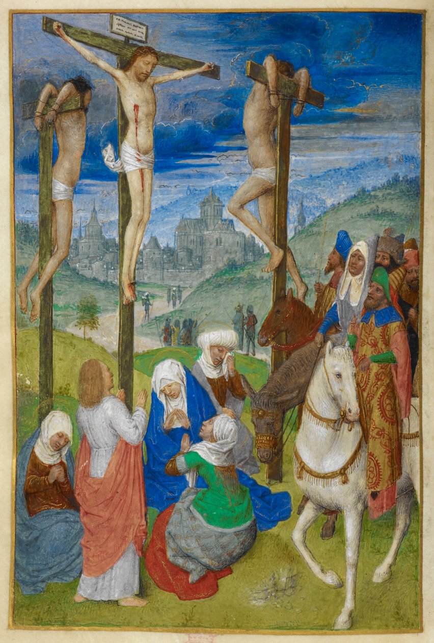Korsfæstelsen. Korsets timer. Kristus på korset mellem de to tyve, med flere figurer; tre til hest. Johannes står, og Jomfruen og de tre Marie sidder, ved foden af korset. Udsigt over Jerusalem i baggrunden. af Master of the Dresden Prayer Books