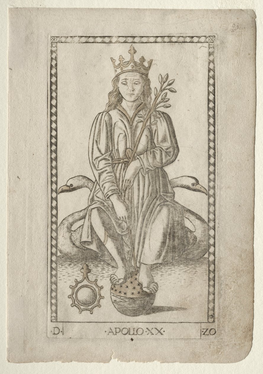 Apollo fra Tarocchi, serie D: Apollo and the Muses, #20, før 1467. af Master of the E Series Tarocchi