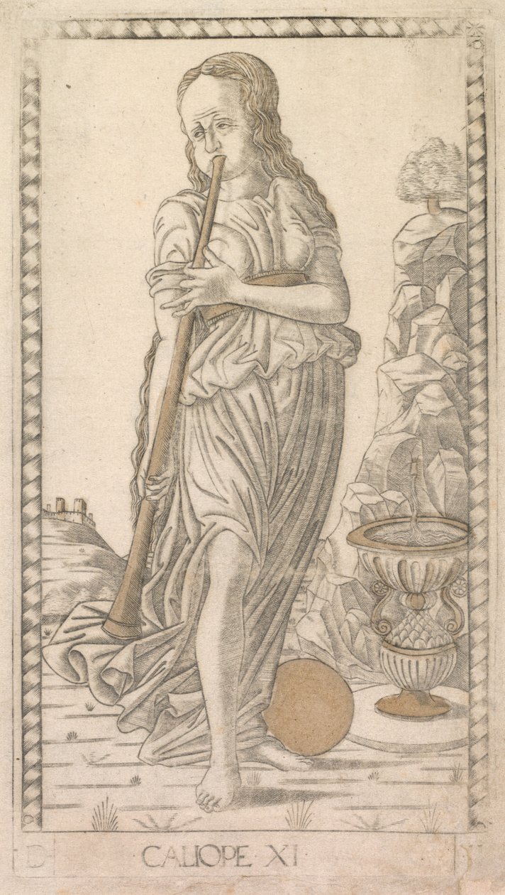 Calliope fra Tarocchi-serien D: Apollo and the Muses, #11, før 1467. af Master of the E Series Tarocchi