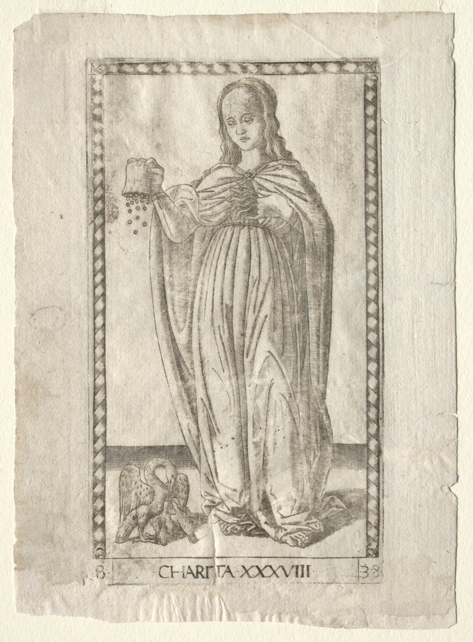 Charity from the Tarocchi, serie B: Cosmic Principles & Virtues, #38, før 1467. af Master of the E Series Tarocchi