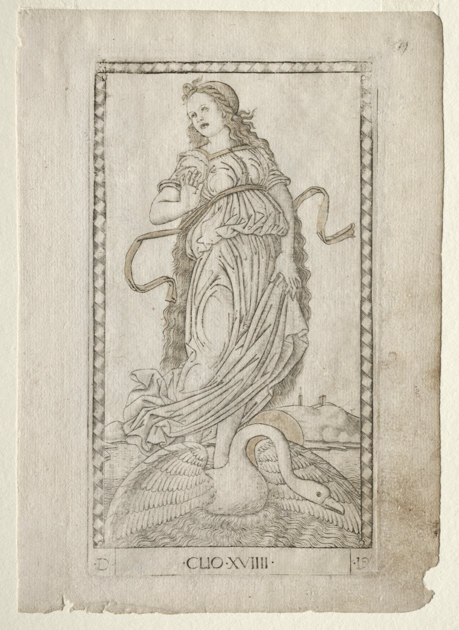 Clio-historie fra Tarocchi-serien D: Apollo and the Muses, #19, før 1467. af Master of the E Series Tarocchi