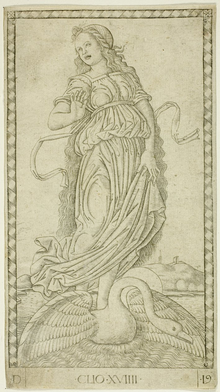 Clio, plade nitten fra Apollo and the Muses af Master of the E Series Tarocchi