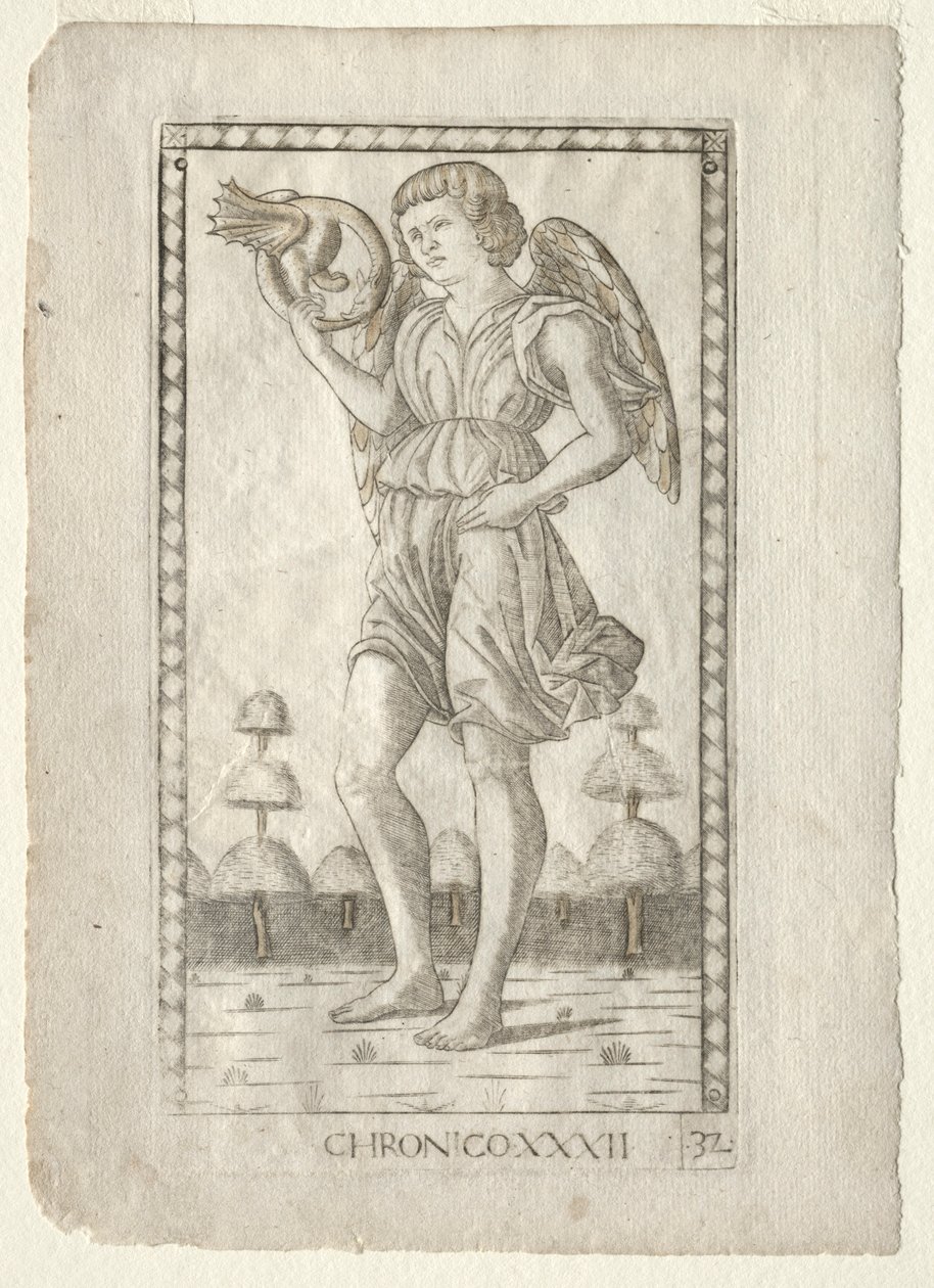 Genius of Time fra Tarocchi, serie B: Cosmic Principles & Virtues, #32, før 1467. af Master of the E Series Tarocchi