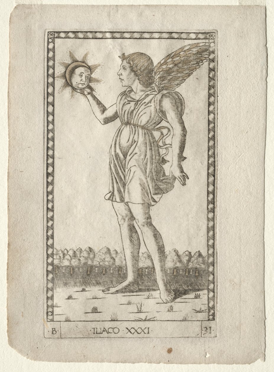 Genius of the Sun fra Tarocchi, serie B: Cosmic Principles & Virtues, #31, før 1467. af Master of the E Series Tarocchi