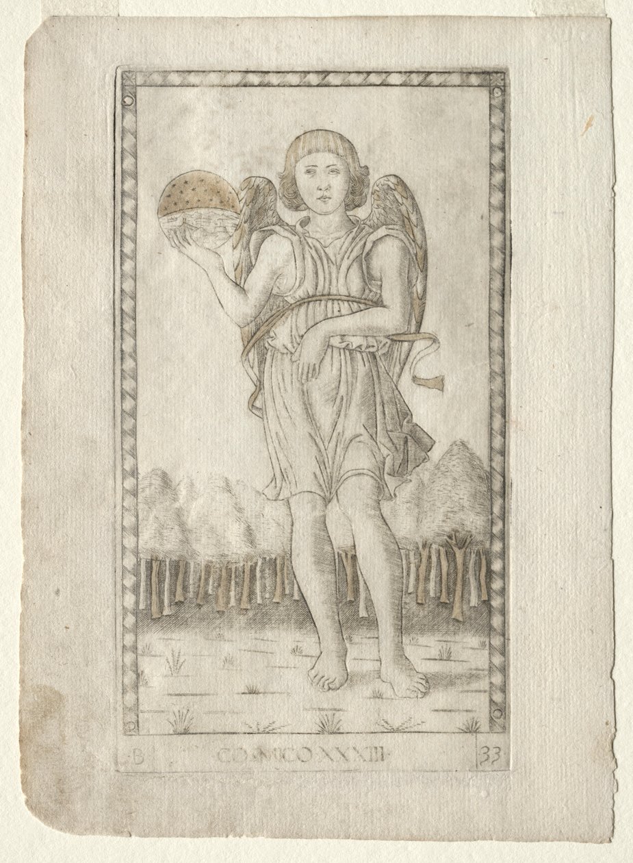 Genius of the World fra Tarocchi, serie B: Cosmic Principles & Virtues, #33, før 1467. af Master of the E Series Tarocchi