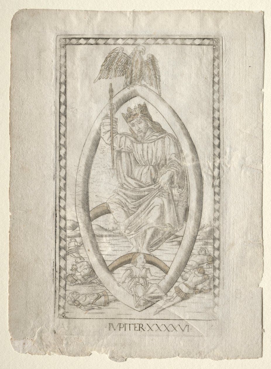 Jupiter fra Tarocchi, serie A: Firmaments of the Universe, #46, før 1467. af Master of the E Series Tarocchi