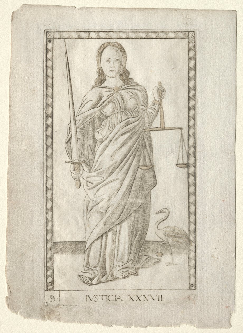 Retfærdighed fra Tarocchi, serie B: Cosmic Principles & Virtues, #37, før 1467. af Master of the E Series Tarocchi