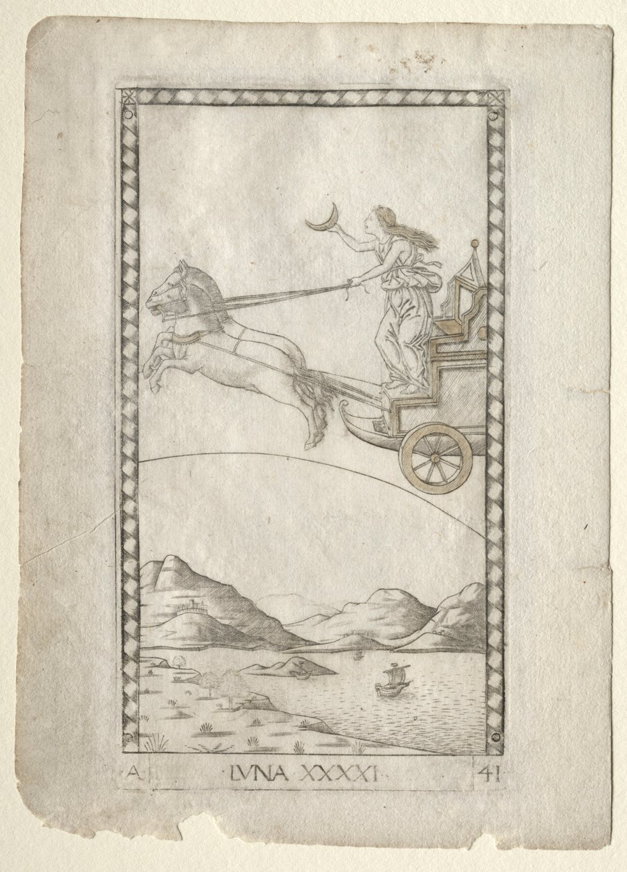 Luna fra Tarocchi, serie A: Firmaments of the Universe, #41, før 1467. af Master of the E Series Tarocchi