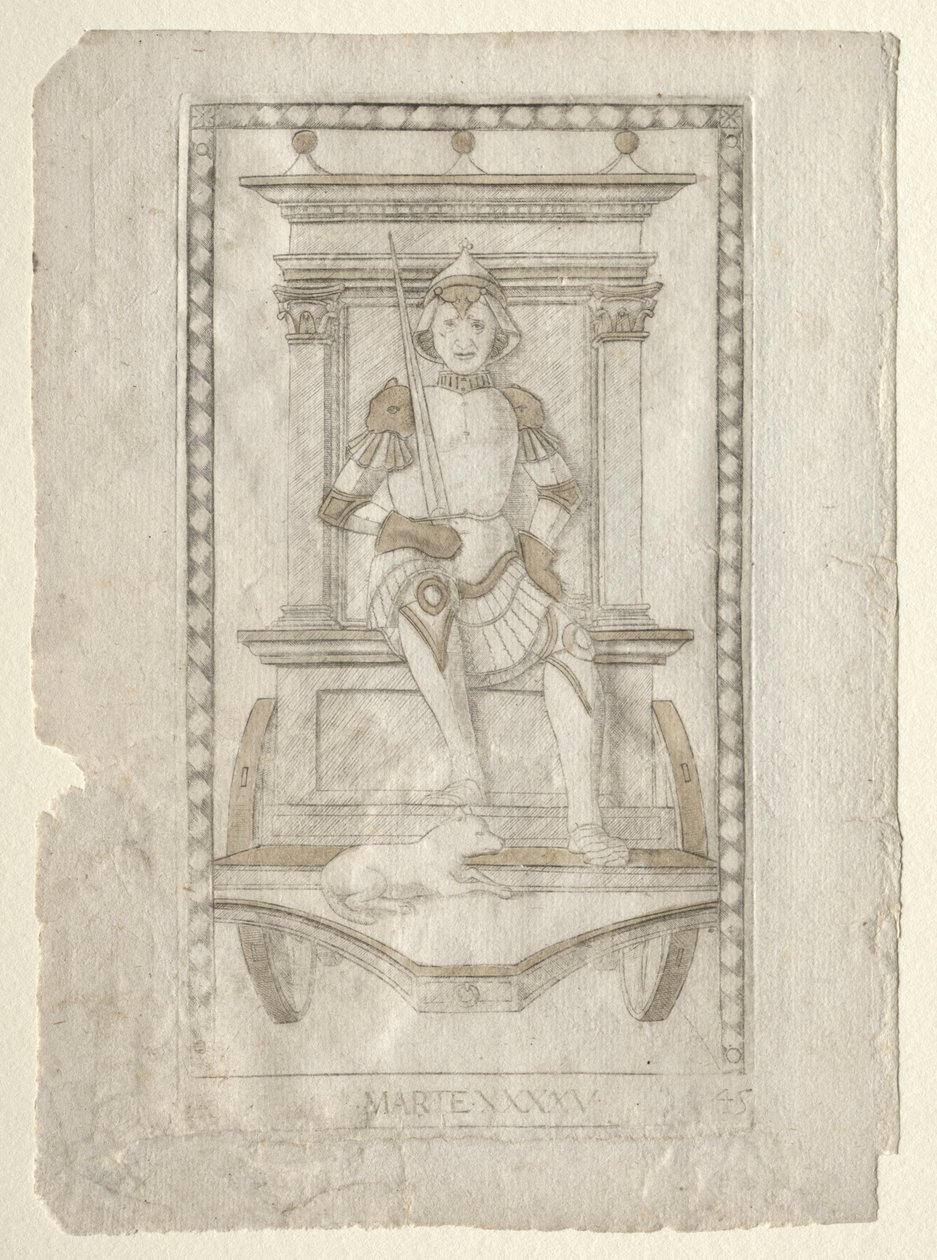 Mars fra Tarocchi, serie A: Firmaments of the Universe, #45, før 1467. af Master of the E Series Tarocchi