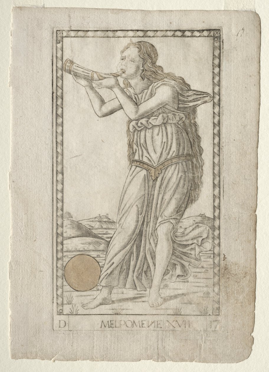 Melpomene-tragedie fra Tarocchi-serien D: Apollo and the Muses, #17, før 1467. af Master of the E Series Tarocchi