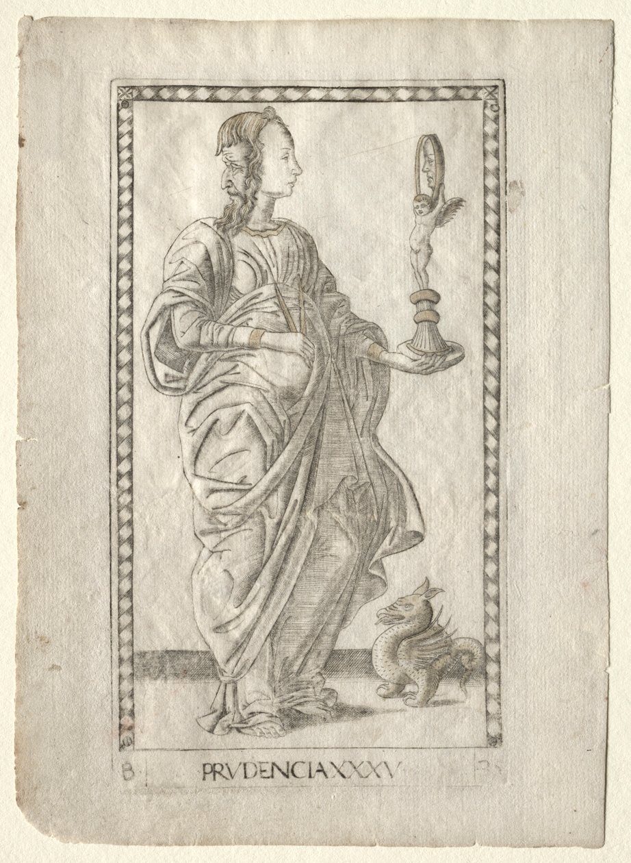Prudence fra Tarocchi, serie B: Cosmic Principles & Virtues, #35, før 1467. af Master of the E Series Tarocchi