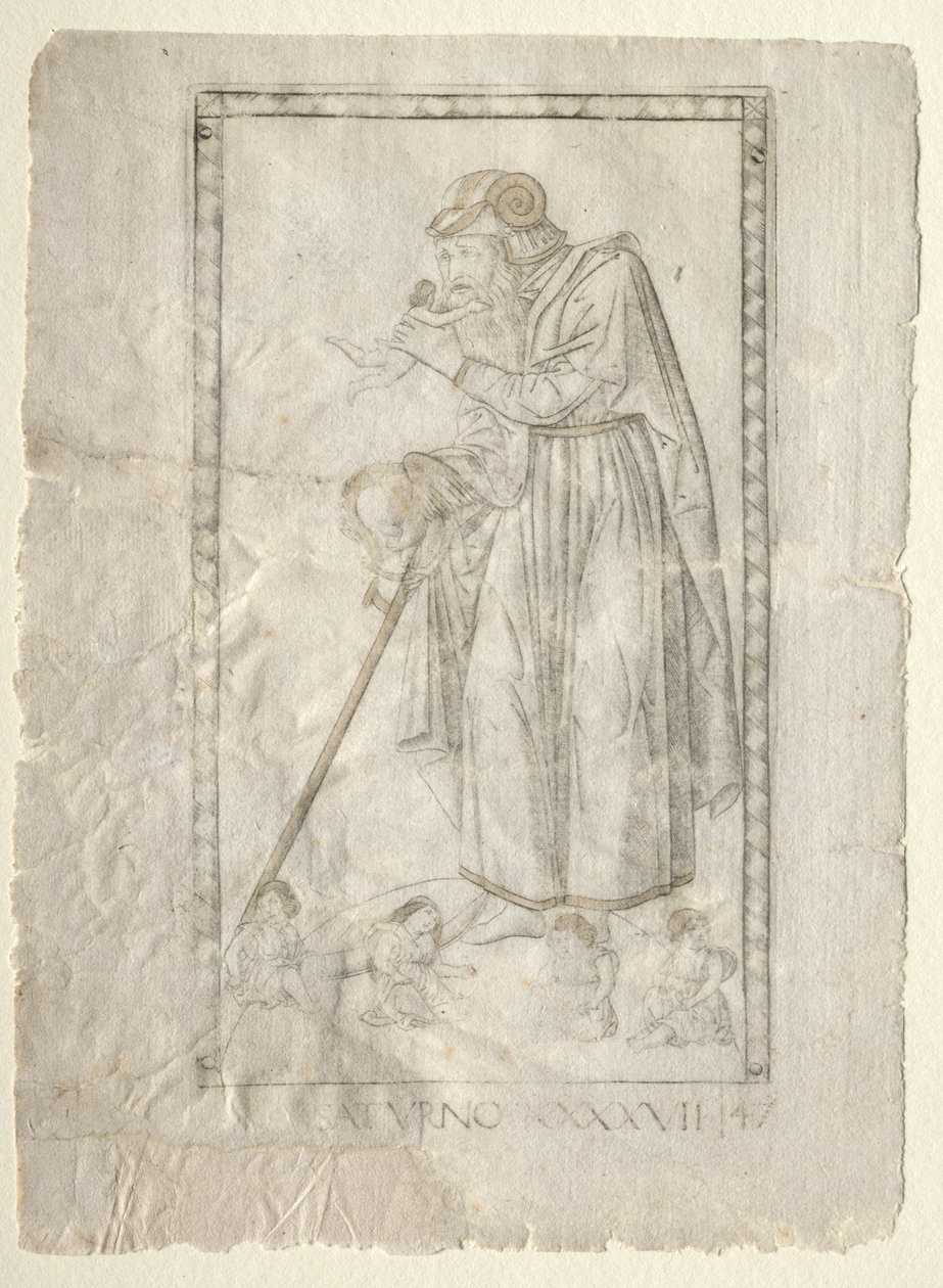 Saturn fra Tarocchi, serie A: Firmaments of the Universe, #47, før 1467. af Master of the E Series Tarocchi