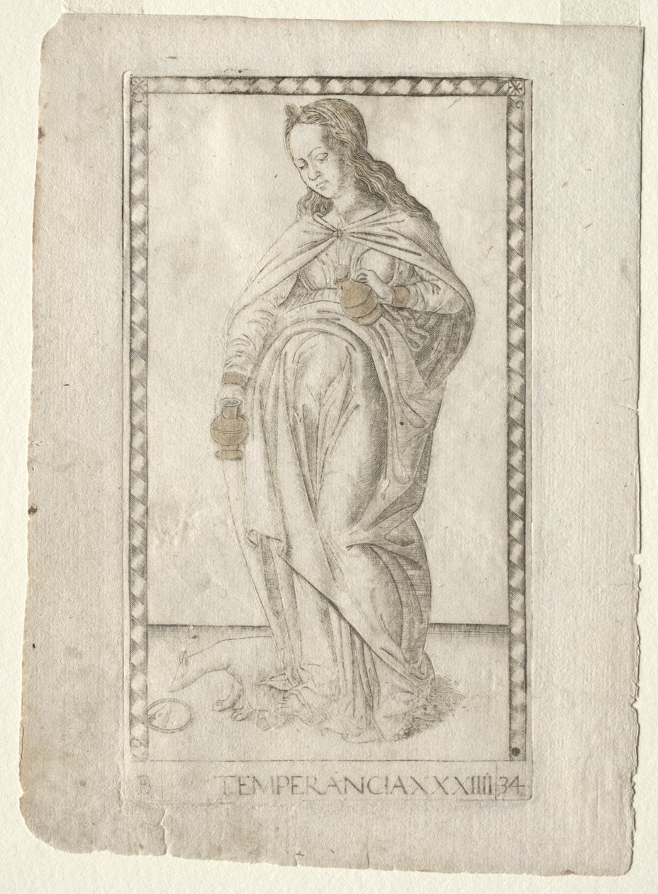 Temperance fra Tarocchi, serie B: Cosmic Principles & Virtues, #34, før 1467. af Master of the E Series Tarocchi