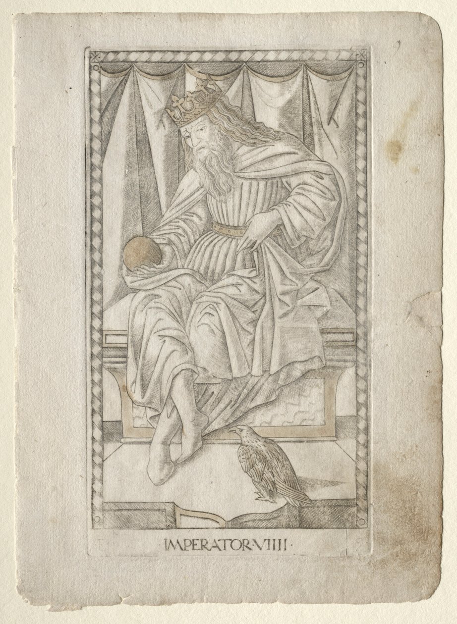 The Emperor from the Tarocchi, serie E: Conditions of Man, #9, før 1467. af Master of the E Series Tarocchi