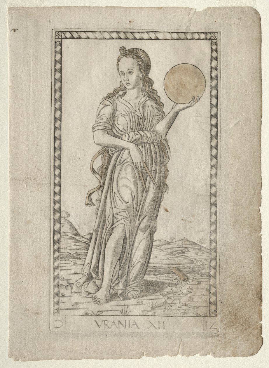 Urania astronomi fra Tarocchi-serien D: Apollo and the Muses, #12, før 1467. af Master of the E Series Tarocchi