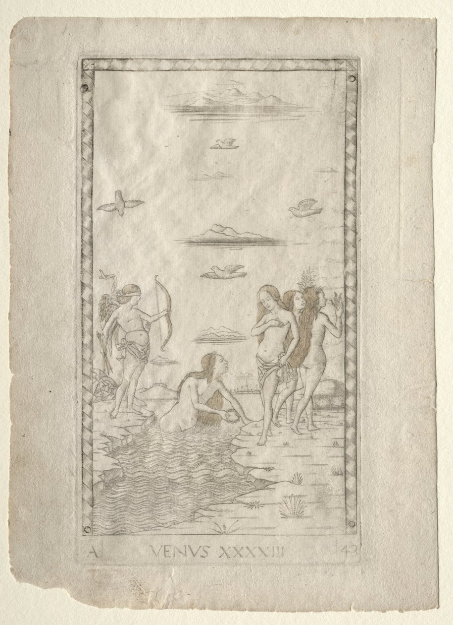 Venus fra Tarocchi, serie A: Firmaments of the Universe, #43, før 1467. af Master of the E Series Tarocchi