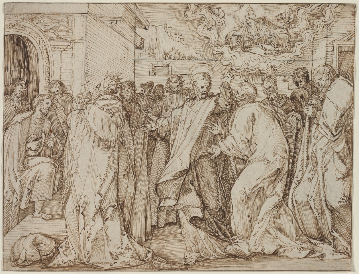 Lignelsen om hyldestpengene, ca. 15801600. af Master of the Egmont Albums