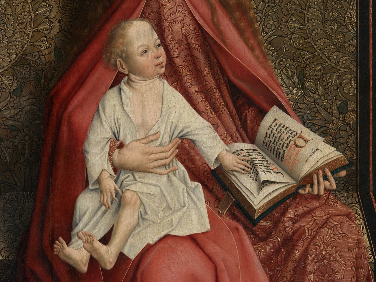Detalje af Madonna Crowned by Angels (olie på panel) af Master of the Embroidered Foliage