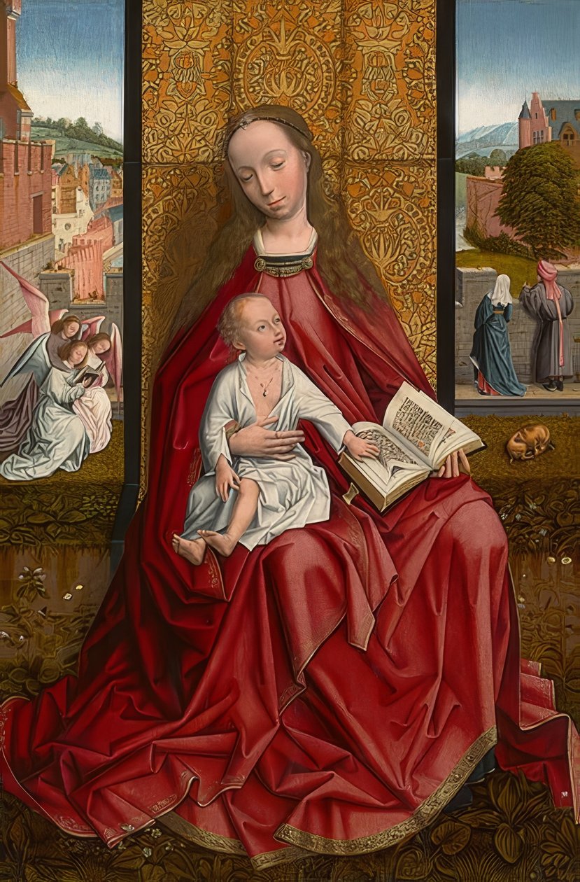 Mary tronede med barnet. Omkring 1500 af Master of the Embroidered Foliage