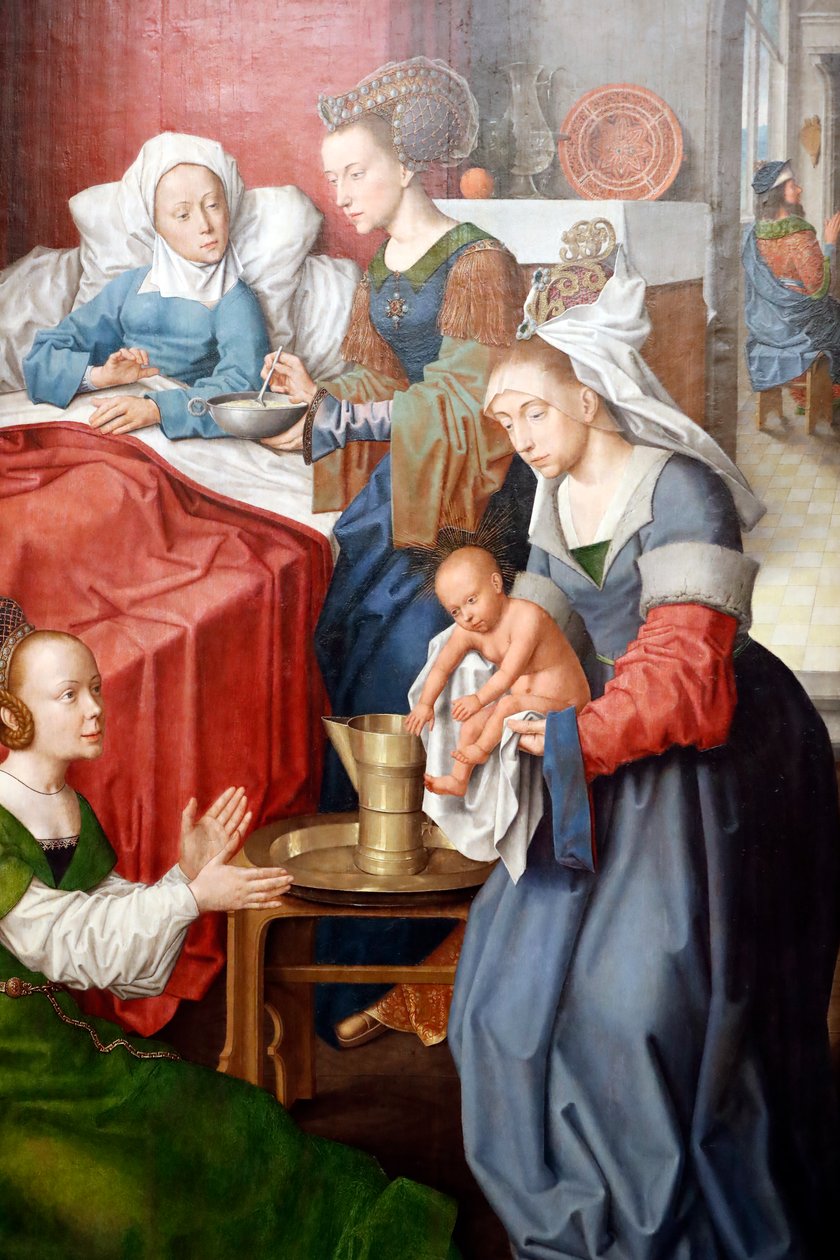 Evora Museum. Mester af Evora-altertavlen. Jomfruens fødsel. Olie på panel. Flamsk skole 1500. Portugal. af Master of the Evora Altarpiece