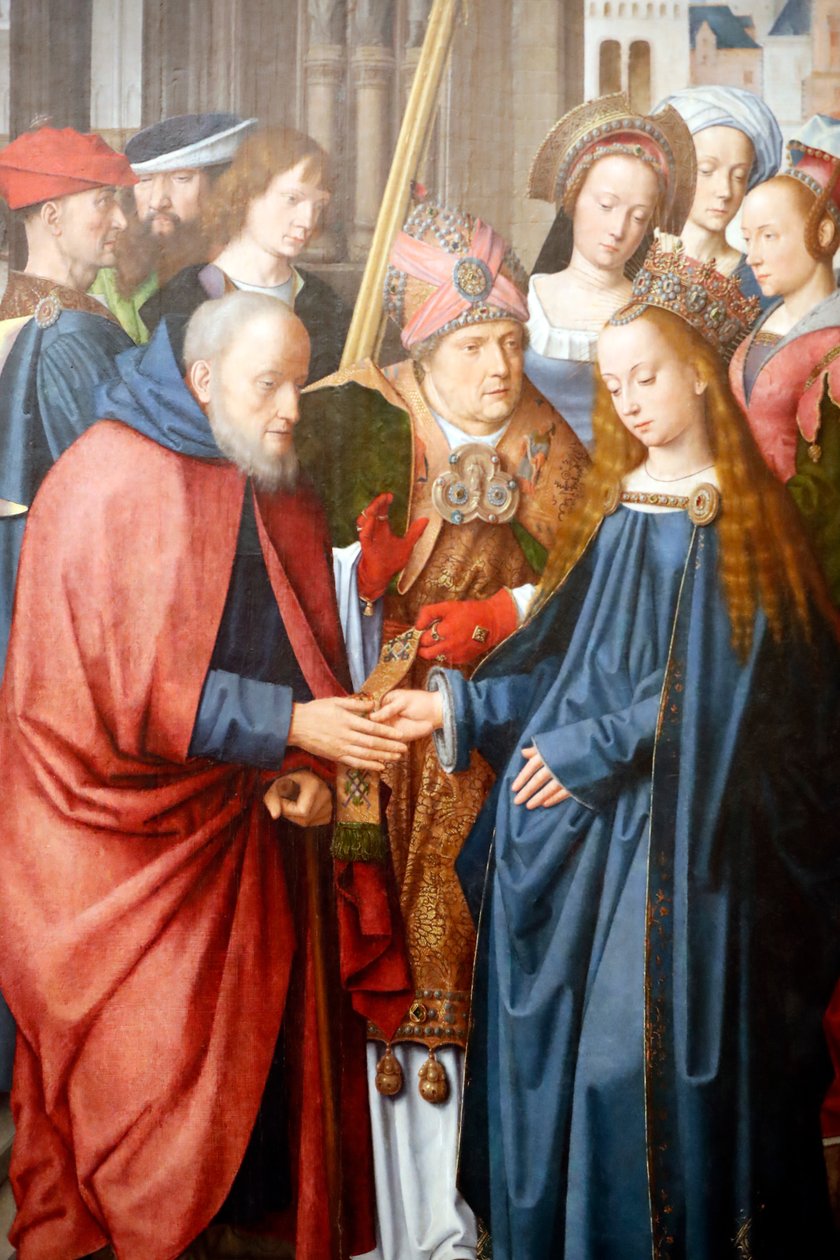 Evora Museum. Mester af Evora-altertavlen. Jomfruens og Josefs bryllup. Olie på panel. Flamsk skole 1500. Portugal. af Master of the Evora Altarpiece