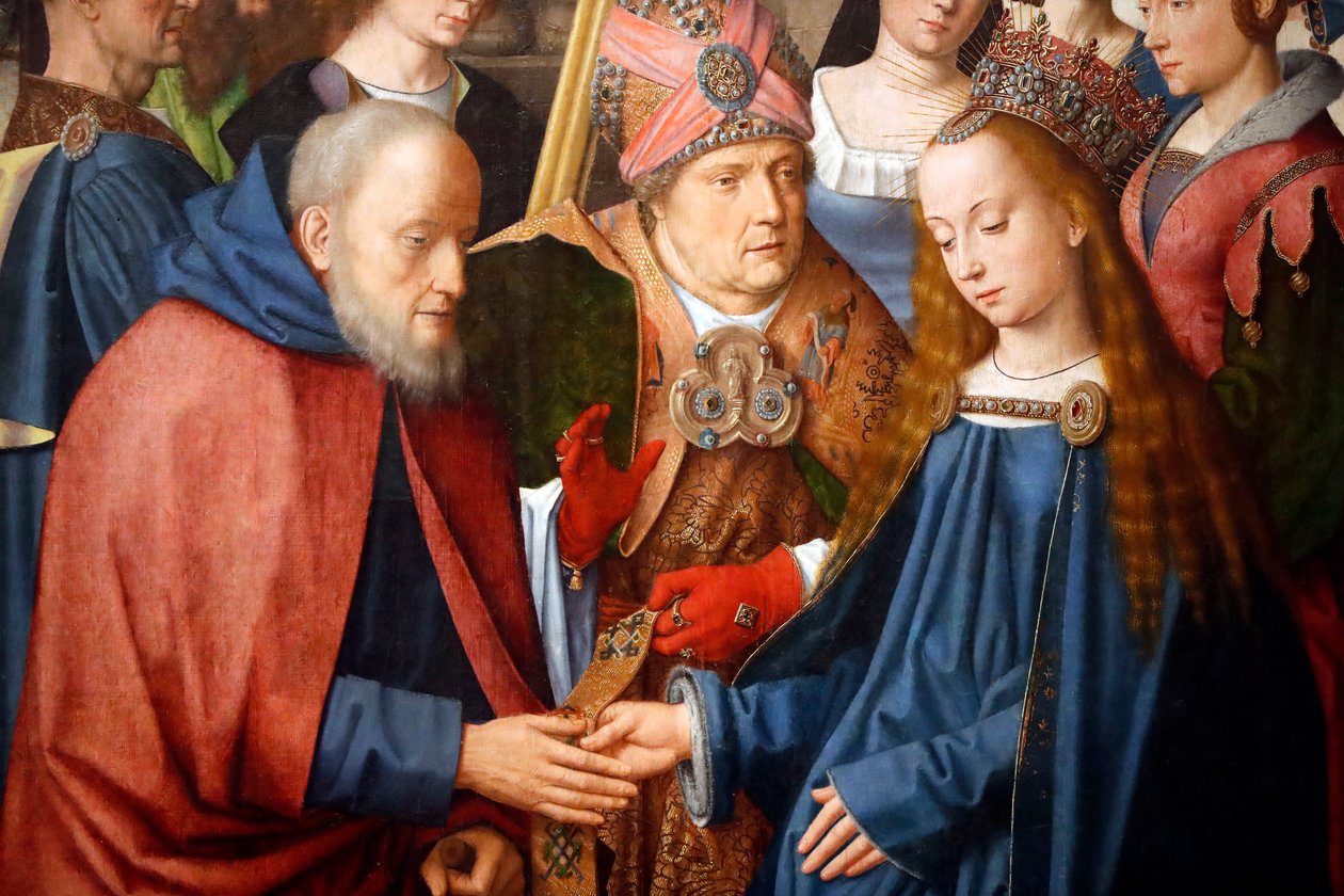 Evora Museum. Mester af Evora-altertavlen. Jomfruens og Josefs bryllup. Olie på panel. Flamsk skole 1500. Portugal. af Master of the Evora Altarpiece