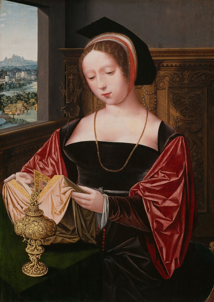 En dame, der læser (Sankt Maria Magdalene), ca. 1530 (olie på panel) af Master of the Female Half Lengths