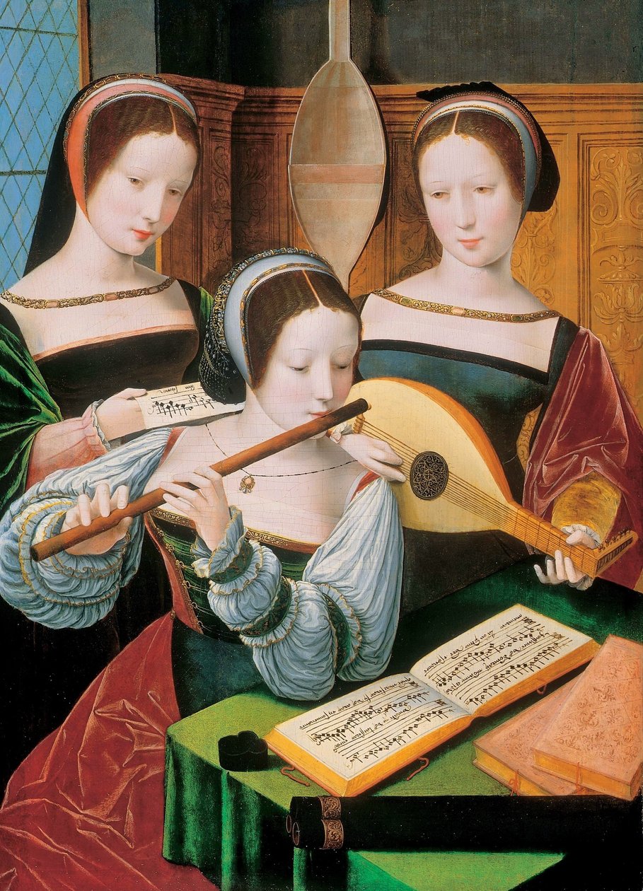 Hollandsk: Musicerend gezelschap Kvindelige musikere / Tre damer, der spiller musik af Master of the Female Half Lengths