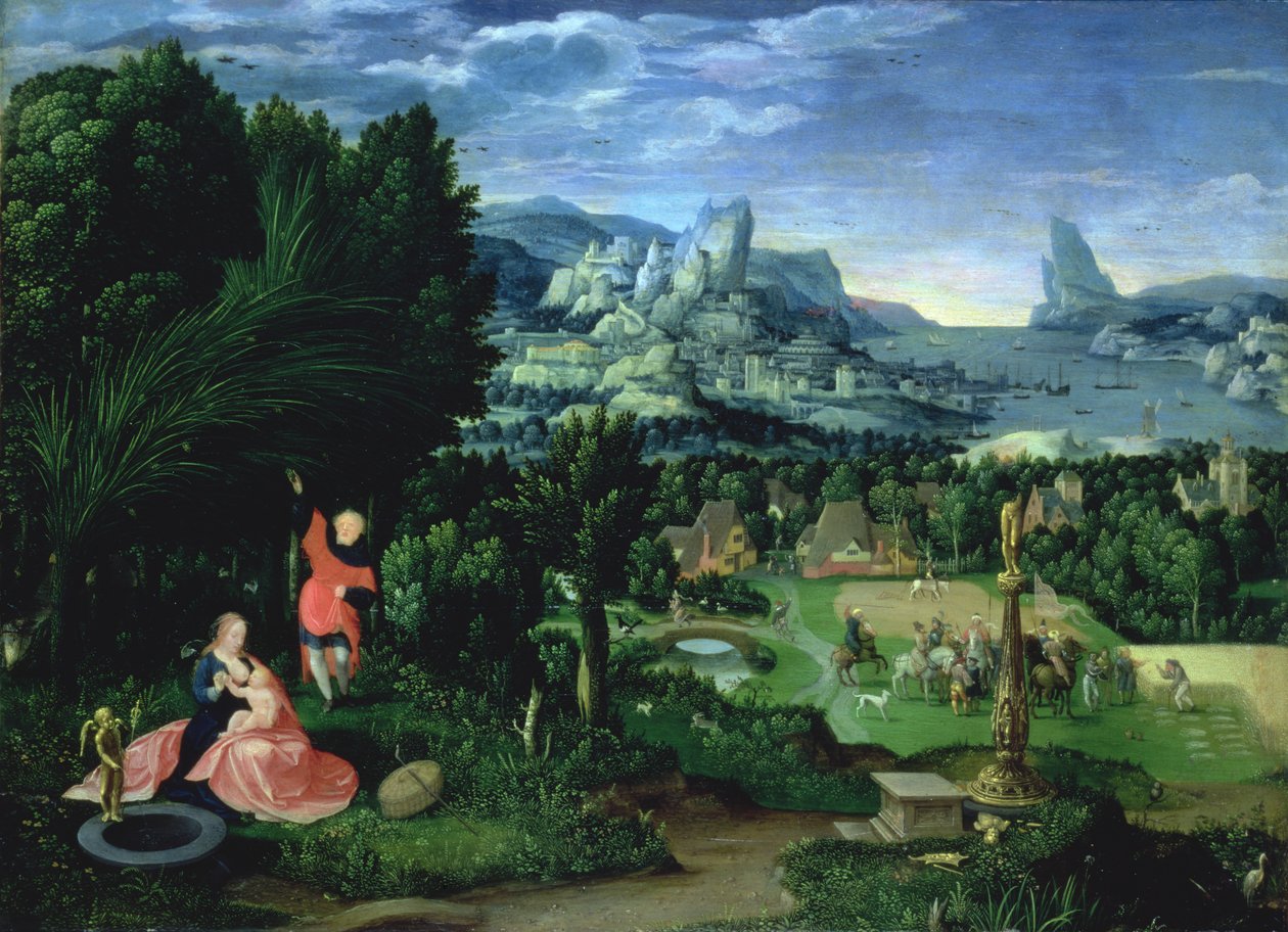 Hvilet på flugten til Egypten, landskab malet af Joachim Patinir (fl.1515-25) (panel) af Master of the Female Half Lengths