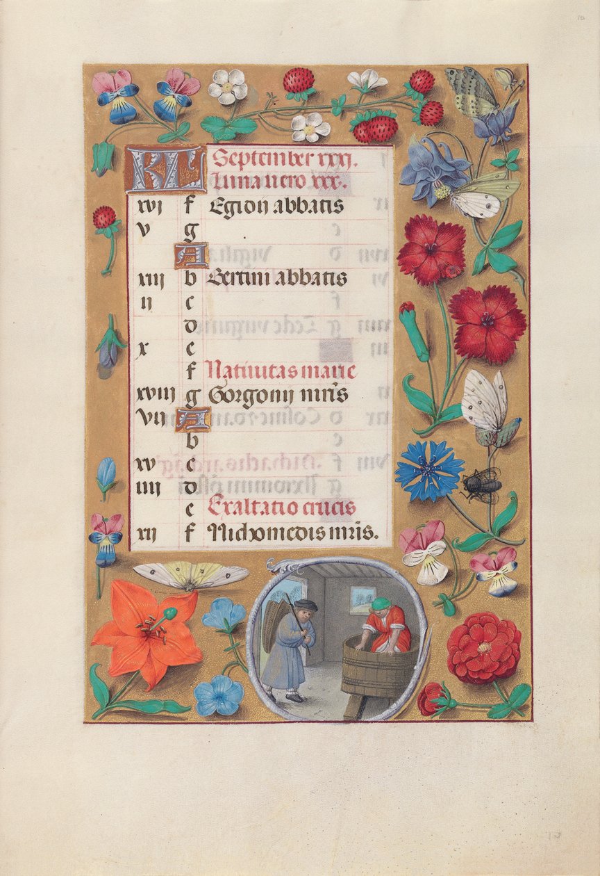 Dronning Isabella den Katolskes timer, dronning af Spanien:  Fol. 10r, september af Master of the First Prayerbook of Maximillian