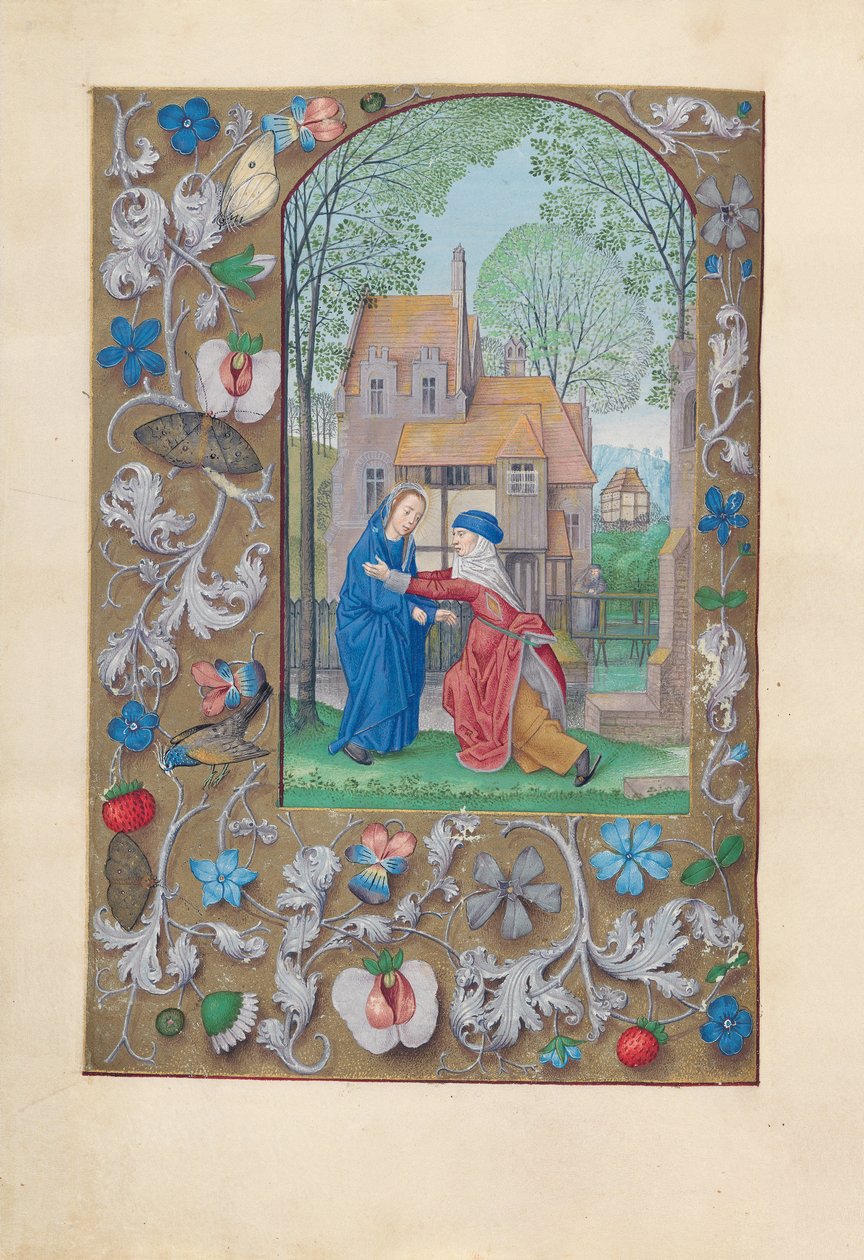 Dronning Isabella den katolske, dronning af Spaniens åbningstider: Fol. 115v, Visitation, ca. 1500. af Master of the First Prayerbook of Maximillian